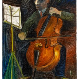 נגן מנגן על צ'לו, מסתכל על תווים העומדים על סטנד