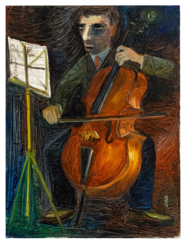 נגן מנגן על צ'לו, מסתכל על תווים העומדים על סטנד