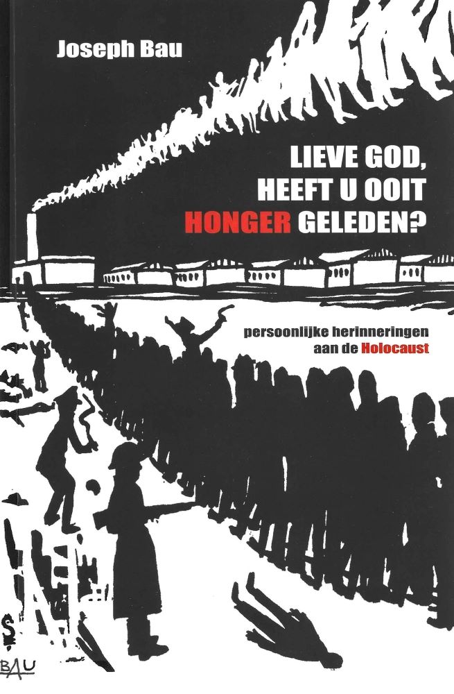 תרגום להולנדית של ספרו של יוסף באו "שנות תרצ"ח" על קורותיו בזמן השואה. כריכה בשחור לבן עם הציור "כניסה דרך השער ויציאה דרך הארובה"