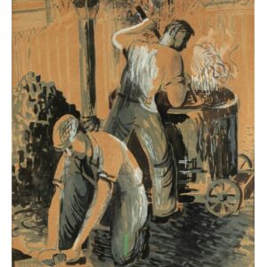 שני חלוצים סוללים כביש. אחד מערבב את הזפת בדוד והשני מיישר את הכביש.