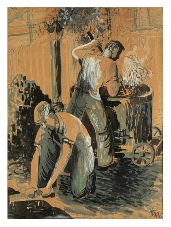 שני חלוצים סוללים כביש. אחד מערבב את הזפת בדוד והשני מיישר את הכביש.