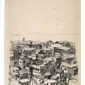 ציור של העיר צפת ממעוף הציפור.