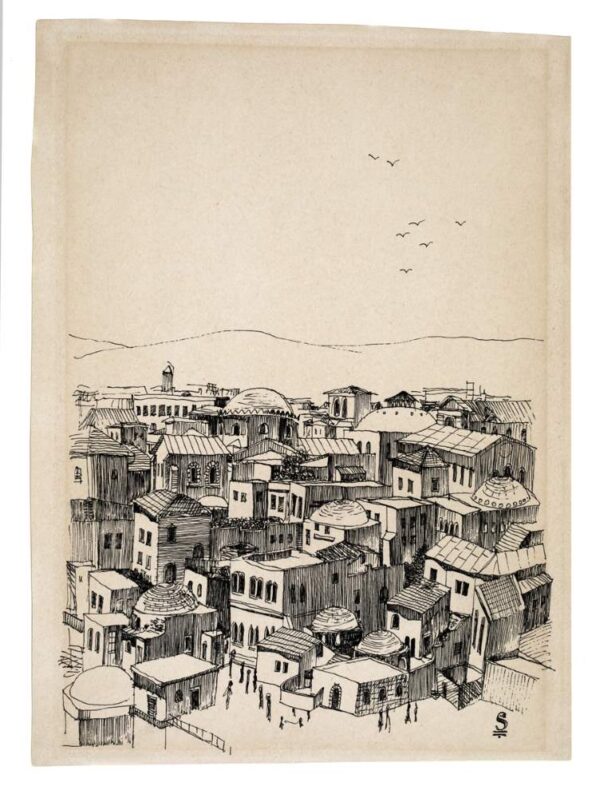 ציור של העיר צפת ממעוף הציפור.