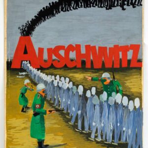 טור ארוך של אסירים בבגדי פסים מובלים למשרפות, נאצים עם רובים נוגשים בהם מימין ומשמאל ועל הקרקע מוטלים הנרצחים. מהארובה מיתמר עשן שחור וניתן לזהות בו את דמויות האנשים שעמדו בתור למשרפה. המילה אושוויץ' כתובה לרוחב הציור מעל האנשים