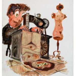 ציור של חייט התופר בד שעליו מצויירת אשה ערומה.