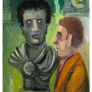 אדם מבקר בתערוכת פסלים. הפסל מסתכל על האדם ונראה יותר חי ממנו