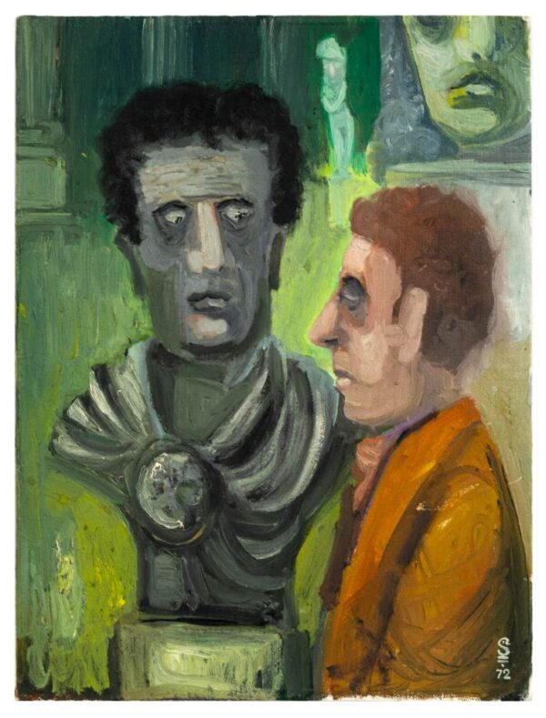 אדם מבקר בתערוכת פסלים. הפסל מסתכל על האדם ונראה יותר חי ממנו