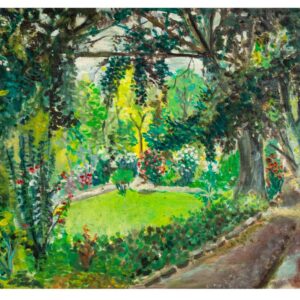 ציור שיוסף באו צייר במלון גני חמת בטבריה. בציור רואים דשא, פרחים ועצים.