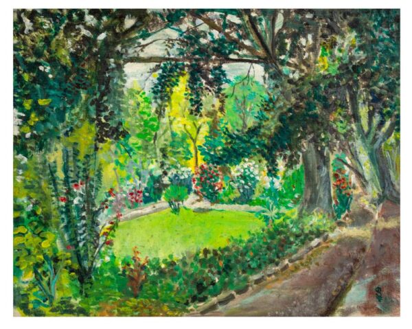 ציור שיוסף באו צייר במלון גני חמת בטבריה. בציור רואים דשא, פרחים ועצים.