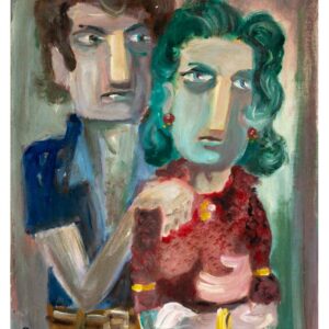 ציור של זוג. הגבר עומד מאחורי האשה. יד אחת שלו על הכתף שלה והיד השניה על החזה שלה.