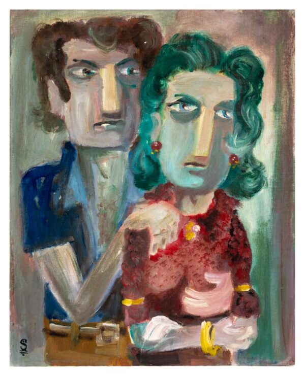 ציור של זוג. הגבר עומד מאחורי האשה. יד אחת שלו על הכתף שלה והיד השניה על החזה שלה.