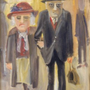 זוג מבוגרים הולכים שלובי זרוע. שניהם חובשים כובעים. הגבר לובש חליפה, האשה לובשת חצאית עם חולצה ומעיל. הגבר מחזיק את התיק של האשה.