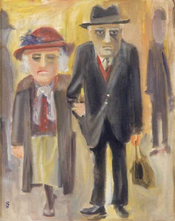 זוג מבוגרים הולכים שלובי זרוע. שניהם חובשים כובעים. הגבר לובש חליפה, האשה לובשת חצאית עם חולצה ומעיל. הגבר מחזיק את התיק של האשה.