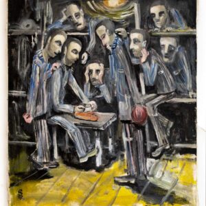 שמונה גברים בתוך מחנה ריכוז. הם יושבים על הדרגשים בצריף ומביטים בעיניים רעבות