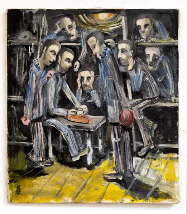 שמונה גברים בתוך מחנה ריכוז. הם יושבים על הדרגשים בצריף ומביטים בעיניים רעבות