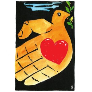 ציור של יונה ומקורה עלי זית . הגוף שלה הוא יד עם ארבע אצבעות, הבוהן משמשת בתור הכנף. באמצע היד הפתוחה מצויר לב