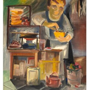 מוכר פלאפל. מצוירת פתיליה ועליה מחבת, מעליה מדף עם פיתות. רואים גם קומקום ודליים.