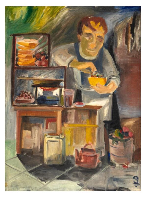 מוכר פלאפל. מצוירת פתיליה ועליה מחבת, מעליה מדף עם פיתות. רואים גם קומקום ודליים.