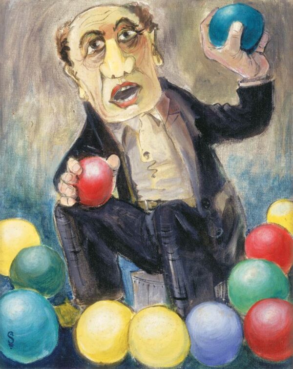 אדם מכריז על כדורים למכירה. הוא יושב על פח ומסביבו הרבה כדורים צבעוניים. ביד אחת הוא אוחז בכדור אדום וביד השניה כדור כחול