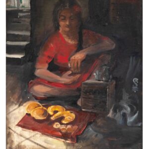 מוכרת לחמניות ברחוב. היא יושבת על המדרכה ולפניה על שטיח קטן מונחות לחמניות למכירה.