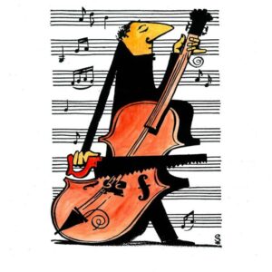 נגן מנגן על קונטרה בס עם מסור. ברקע רואים דף של מחברת תווים