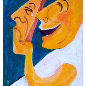 אדם צוחק מחזיק בידו מסיכה של אדם בוכה