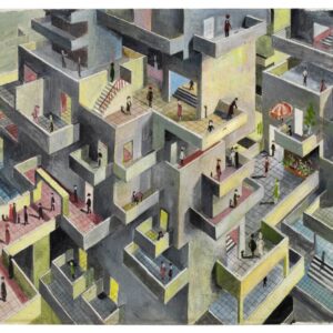 ציור של בית משותף עם הרבה מרפסות, אנשים עומדים על המרפסות