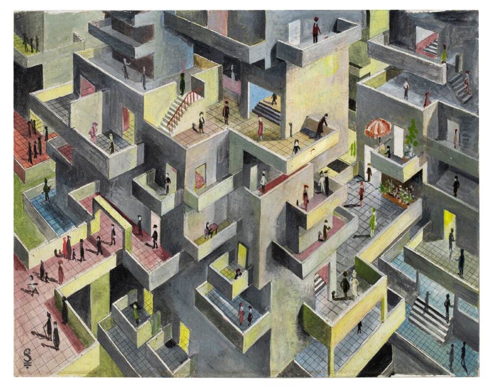 ציור של בית משותף עם הרבה מרפסות, אנשים עומדים על המרפסות