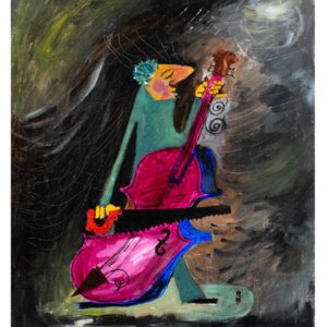 ציור של נגן קונטרבס עומד ומנגן על הכלי במסור