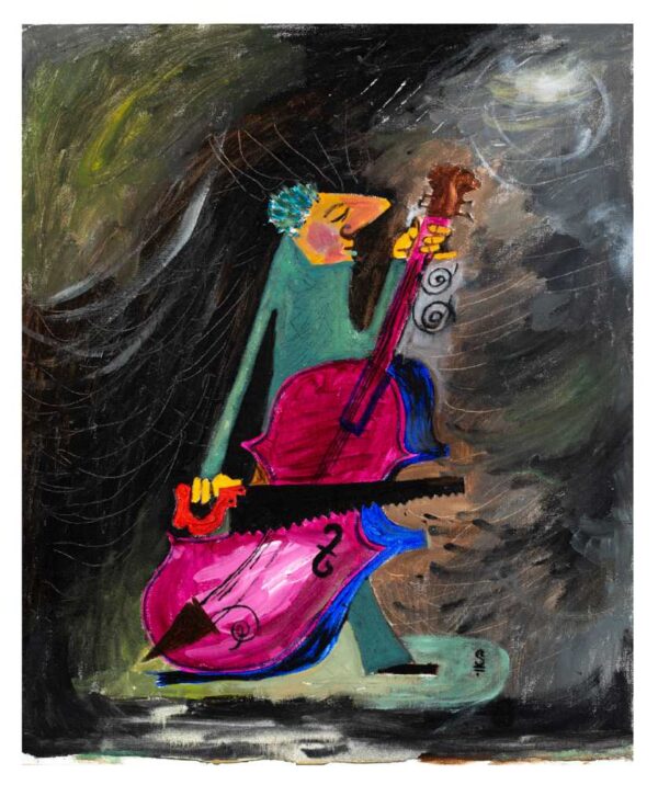 ציור של נגן קונטרבס עומד ומנגן על הכלי במסור