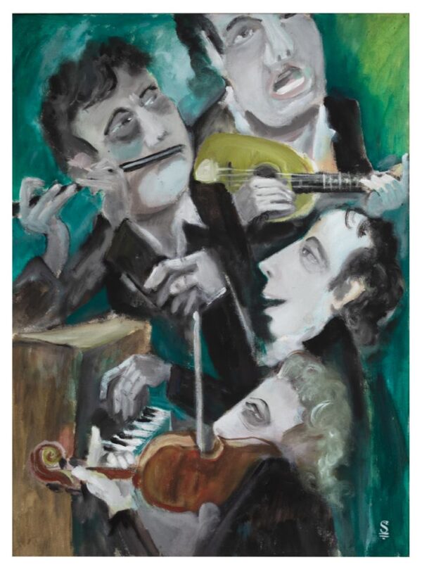 ארבעה נגנים: אחד על פסנתר, שני על כינור, שלישי על חליל צד ורביעי על מנדולינה