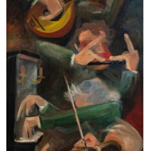 ארבעה נגנים ללא פנים: אחד על פסנתר, שני על כינור, שלישי על חליל צד ורביעי על מנדולינה