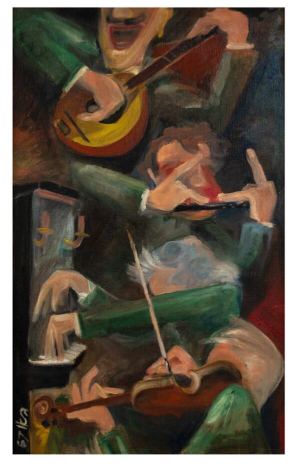 ארבעה נגנים ללא פנים: אחד על פסנתר, שני על כינור, שלישי על חליל צד ורביעי על מנדולינה