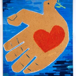 יונה מחזיקה במקור עלי זית . הגוף שלה זו יד עם ארבע אצבעות, הבוהן משמשת בתור הכנף. באמצע היד הפתוחה מצויר לב