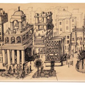 ציור של עיר דמיונית. רואים כיכר, בניינים, אנשים וצמחייה.