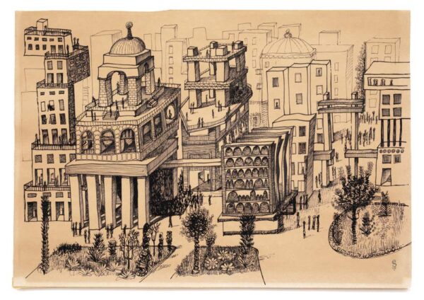 ציור של עיר דמיונית. רואים כיכר, בניינים, אנשים וצמחייה.