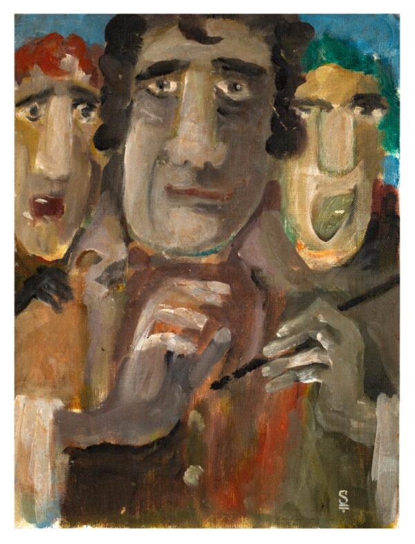 צייר עם מכחול ביד ומשני צדיו עומדים אנשים עם מבט מלא פליאה