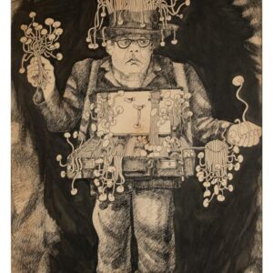 רוכל מחזיק מזוודה מלאה בטובין דמיוניים אשר הוא מוכר. גם בכובעו ובידיו יש מוצרים שהוא מוכר