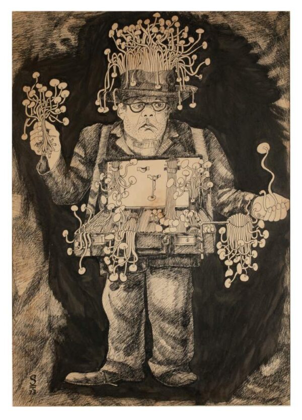 רוכל מחזיק מזוודה מלאה בטובין דמיוניים אשר הוא מוכר. גם בכובעו ובידיו יש מוצרים שהוא מוכר