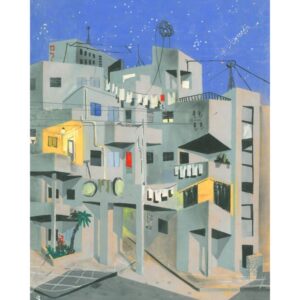 הציור הראשון שיוסף באו צייר בתל אביב ובו בנין מגורים בסגנון שהיה מקובל בישראל בשנות החמישים, על המרפסות תלויה כביסה