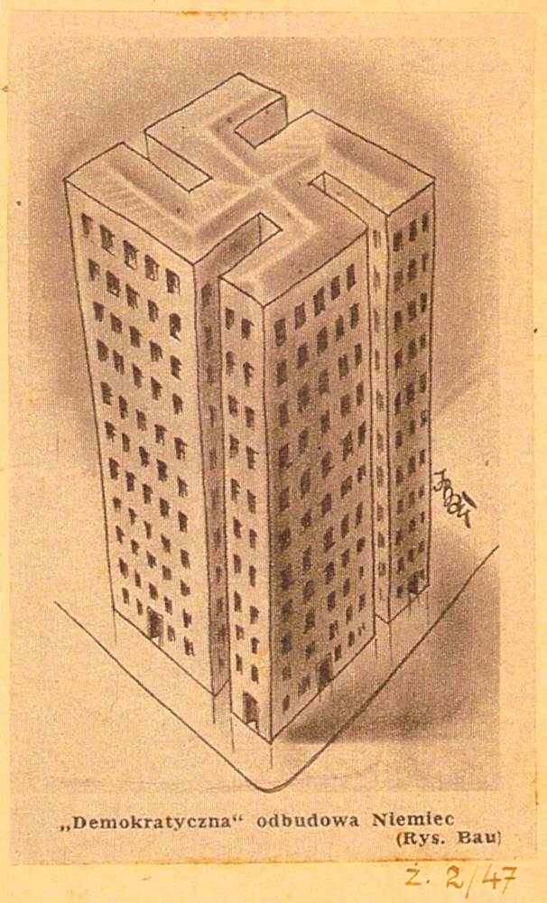 קריקטורה שיוסף באו אייר עבור עתונים בפולין בתום מלחמת העולם השנייה