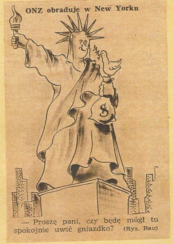 קריקטורה שיוסף באו אייר עבור עתונים בפולין בתום מלחמת העולם השנייה