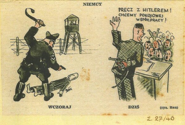 קריקטורה שיוסף באו אייר עבור עתונים בפולין בתום מלחמת העולם השנייה